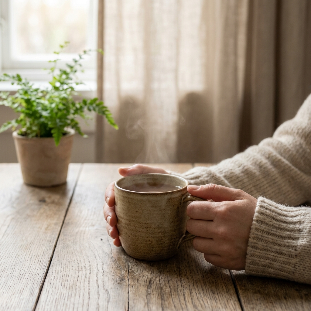 Entspannte Atmosphäre mit Tasse und Pflanze